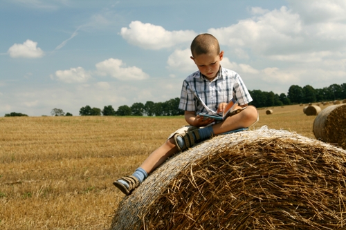 boy reading outside