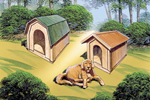 Two styles of dog houses, one with barn style roof and the other with traditional gable roof