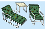 White plastic PVC pipe outdoor furniture including a lounge chair, regular chair and table