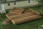 This two-level garden deck includes a built-in bench on one side