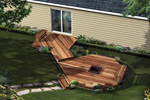 This unique-shaped deck has an octagon-shaped area with a center fire pit