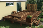 Deck enhancements include a planter box, bench, decorative screen and end table