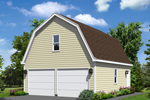 Two-car garage has gambrel roof style similar to a country style barn