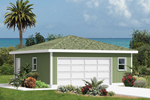Two-car garage has multiple windows, a side door and interesting hip roof design