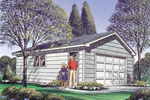 This two-car garage has a side door and window plus extra storage space