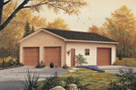 Three-car garage has one of the garage doors on the side along with a window and door