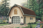 One-car garage has barn-like design thanks to the gambrel roof and loft space above