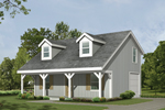 Workshop with loft has a country style covered porch and twin dormers above