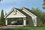 Two-car carport has a distinctive design and features a sheltered area perfect for a workshop or storage