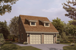 Two-car garage has simple dormers style windows on the roof