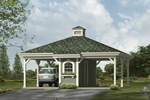 Two-car carport with roof cupola has center storage areas as a divider