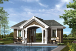 Pool pavilion structure with arched entry and windows flanking each side with planter boxes