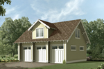 Three-car garage with Craftsman style details on the roof and a large bay window