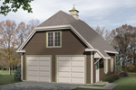 Two-car garage has Country style thanks to the hip roof design and roof cupola