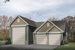 Two-car garage with RV garage is adorned with multiple gables
