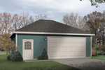 A hip roof design tops this two-car garage