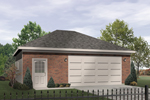 Two-car garage design has entry door and hip roof design