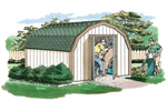 Economical style barn structure offers a spacious place for yard equipment and gardening supplies