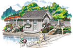 Charming pool cabana has a window box, entry door and is designed to fit well with many home designs