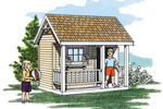 This rustic playhouse with covered porch provides a fun way for your children to enjoy the backyard 