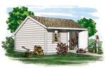Saltbox storage shed has a low pitch roof and simple style