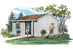 This storage shed has a low pitch roof and a front door and window for ease with storage