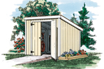 This basic shed has a slanted roof and simple double doors