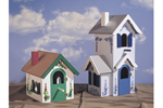 Two Victorian birdhouse styles with one taller and another style shorter