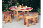 Redwood cedar octagon shaped table set includes benches for all around and creates enough seating for the whole family