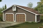 Two-car garage has work area for convenience and a rustic exterior style